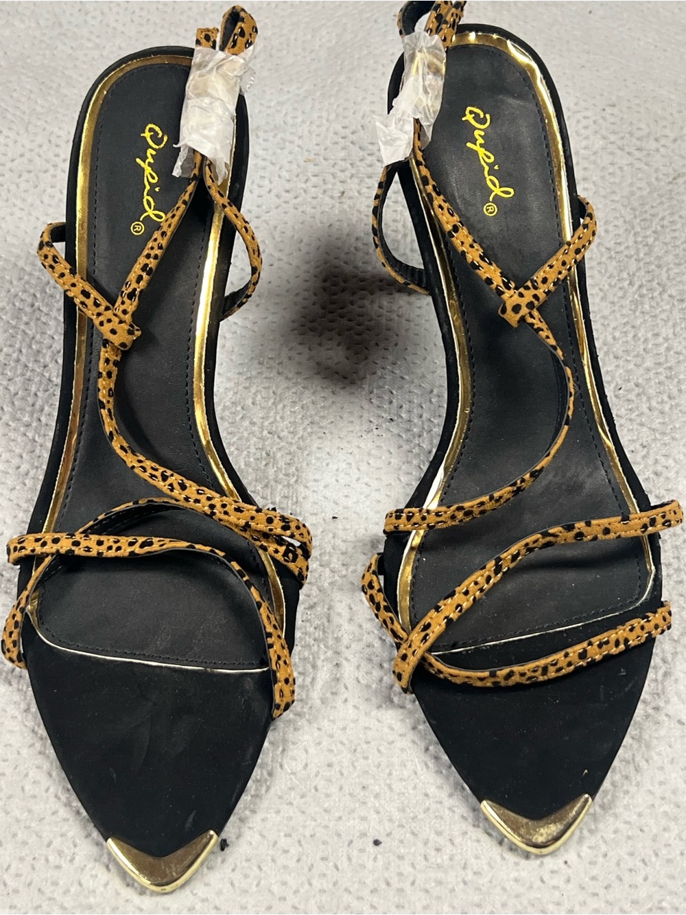 Qupid Black & Leopard-Print Strappy Heeled Sandals with Gold Accent